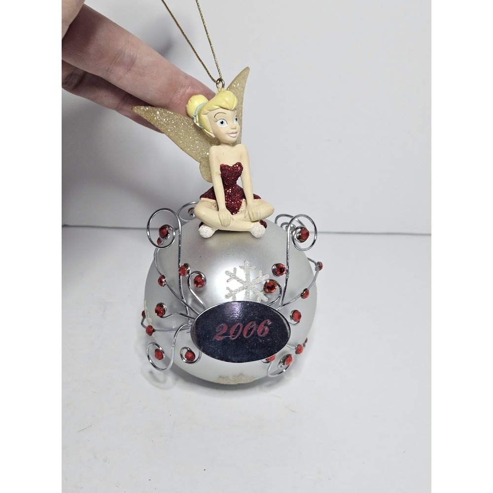 Disney Tinker Bell Sitting on Silver Ball Christmas Ornament Red Glitter 2006